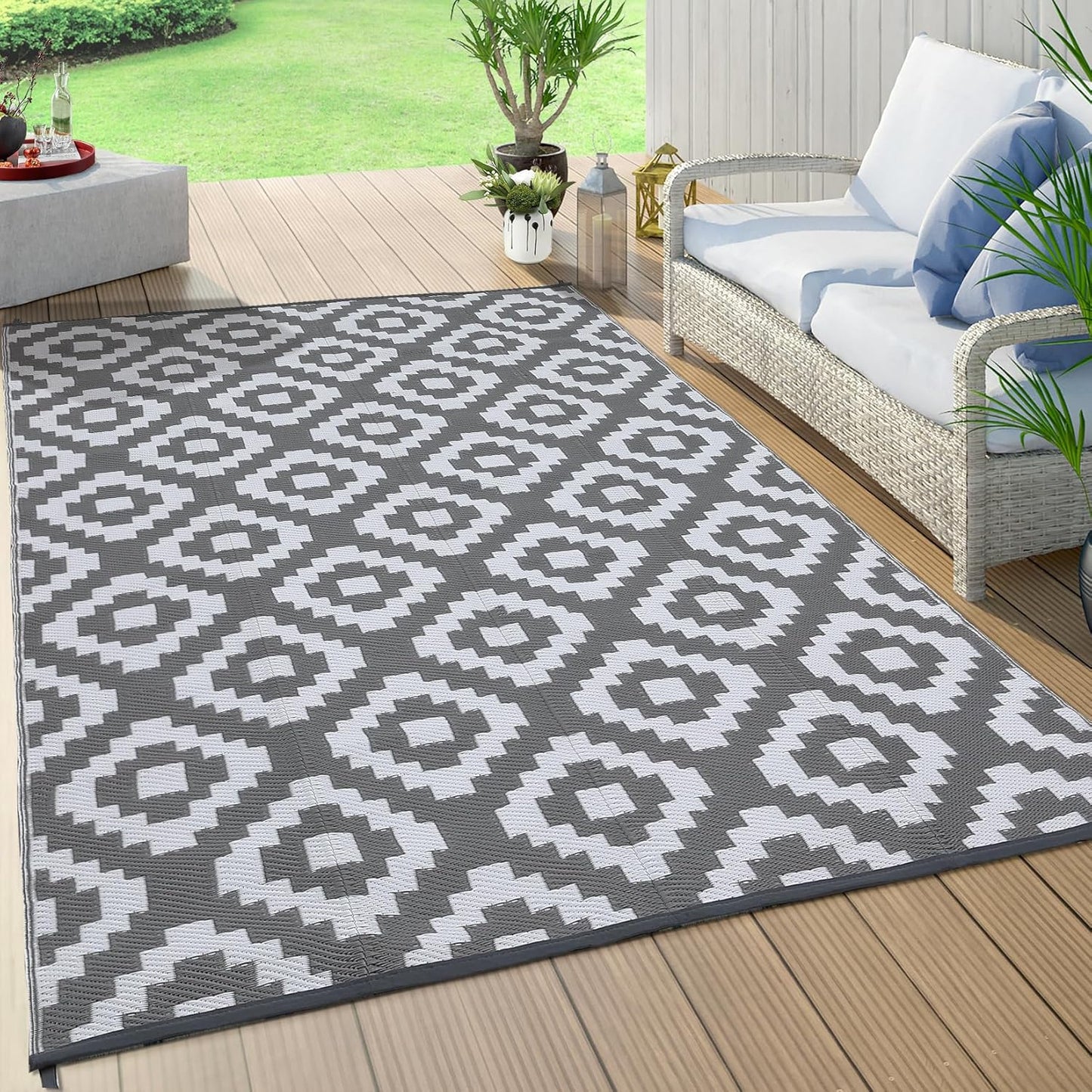 Garvee Outdoor Rug 10'x20' for Patios Clearance, Reversible Outdoor Plastic Straw Waterproof Camping Carpet, Large Area Rugs Patio Mats for Outside RV, Camper, Deck, Porch, Beach, Picnic (Black/Grey)