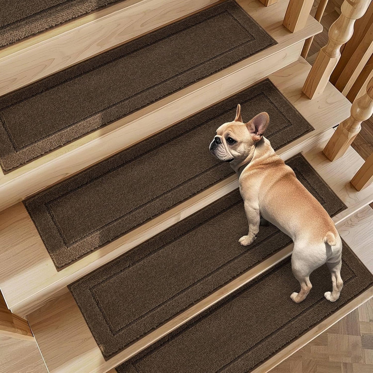 Non-Slip Stair Treads for Wooden Steps Indoor, 15 Pack 8" X 30" Edging Stair Rugs with TPE Backing, 0.4" Thick Carpet Stair Treads for Kids Elders & Pets, 100% Polyester Soft Stair Runners, Brown