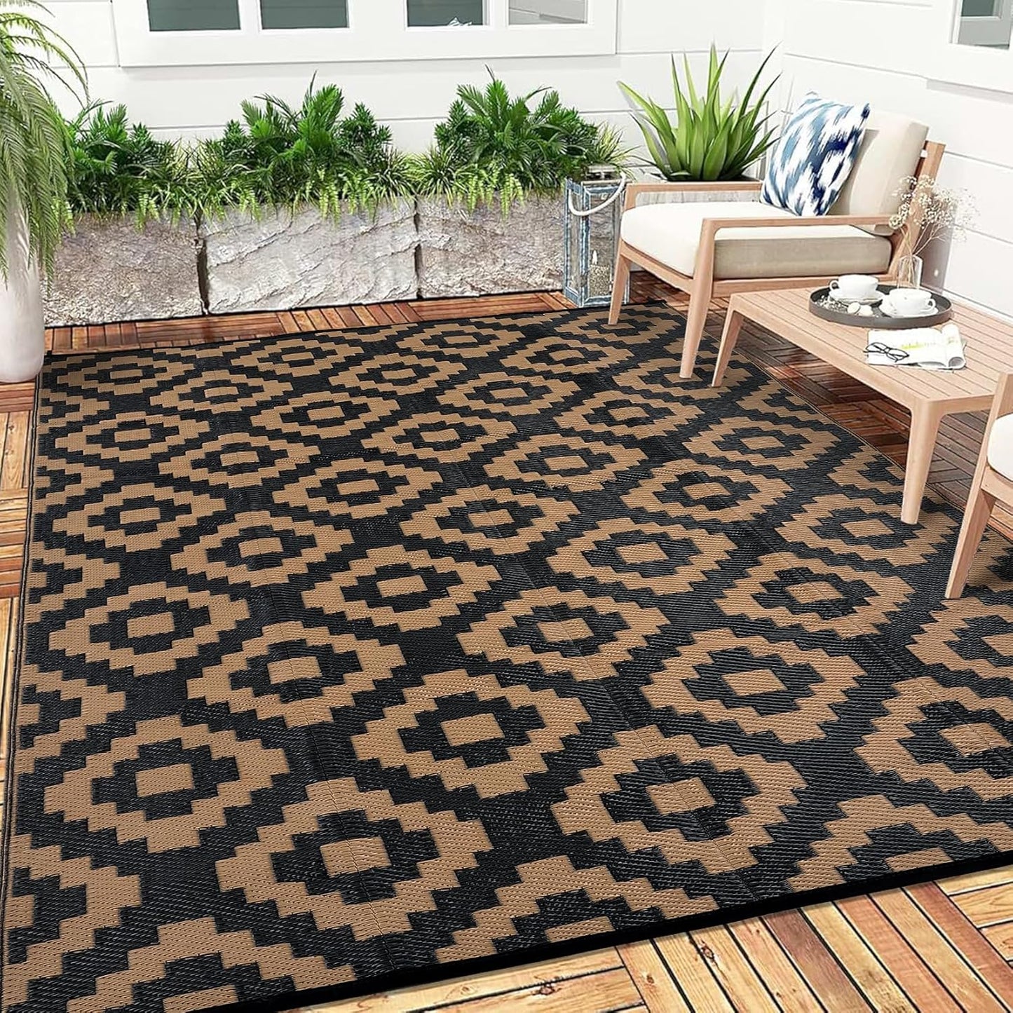 Garvee Outdoor Rug 10'x20' for Patios Clearance, Reversible Outdoor Plastic Straw Waterproof Camping Carpet, Large Area Rugs Patio Mats for Outside RV, Camper, Deck, Porch, Beach, Picnic (Black/Grey)