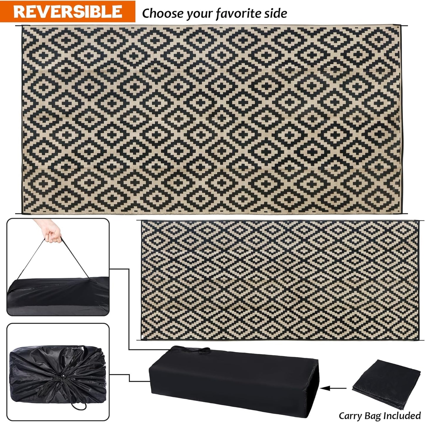 SAND MINE Waterproof Outdoor Rug 10x20 ft, Plastic Reversible Rug, Modern Area Rug, Large Floor Mat for Outdoors, RV, Patio, Backyard, Deck, Picnic, Beach, Camping, Black & Beige