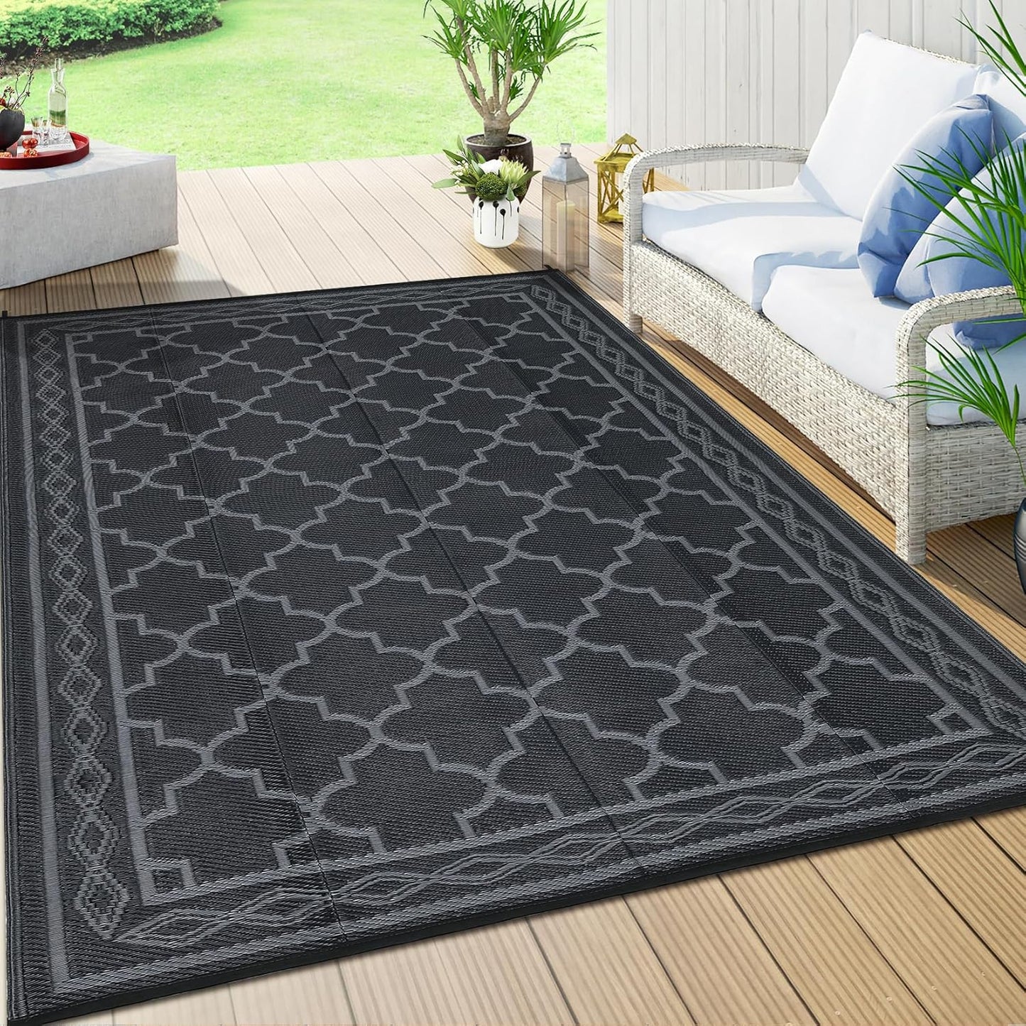 Garvee Outdoor Rug 10'x20' for Patios Clearance, Reversible Outdoor Plastic Straw Waterproof Camping Carpet, Large Area Rugs Patio Mats for Outside RV, Camper, Deck, Porch, Beach, Picnic (Black/Grey)