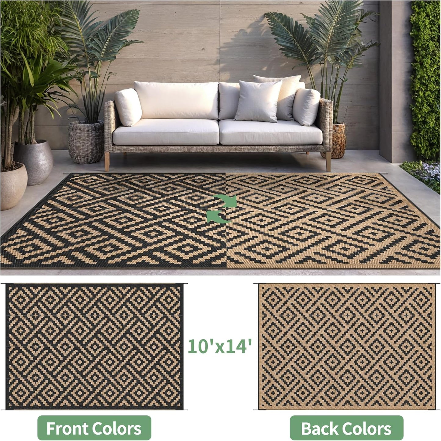 Outdoor Rug for Patio - Waterproof Plastic Straw Camping Rugs 10x14 ft, Reversible Outdoor Indoor RV Mat Carpet for Patio, Porch, Deck, Balcony, Picnic, Beach, Black Brown