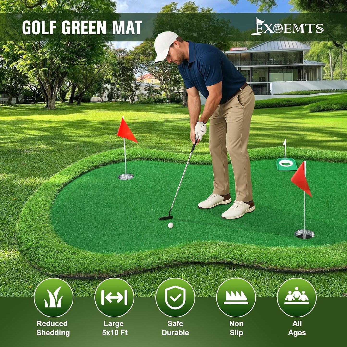 Thickened Realistic Golf Putting Green, 5 x 10ft Professional Golf Practice Training Mat for Indoor Outdoor, 3 Holes, Long Challenging Game Green Mat for Children with Training Aid Put Cup