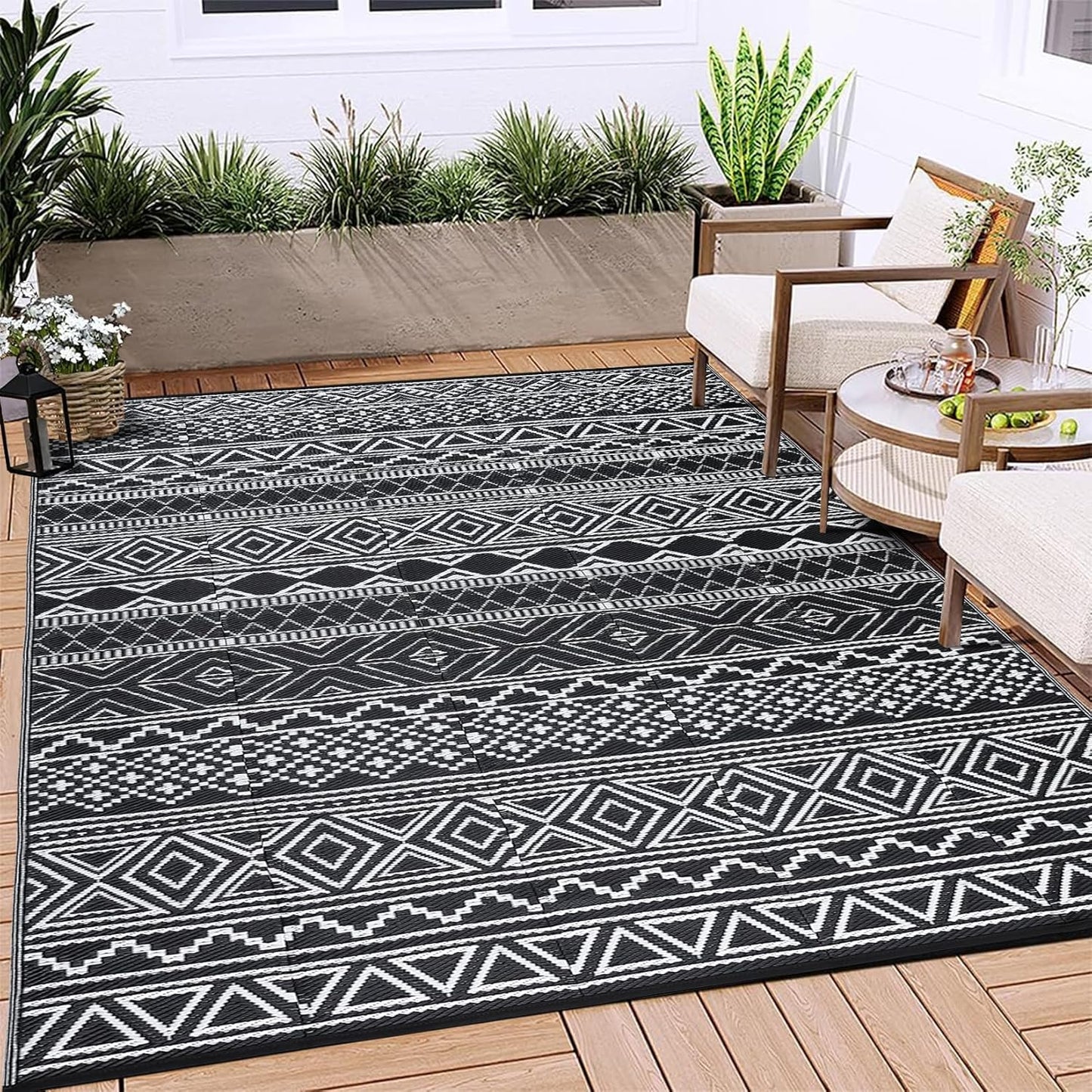 10x20 Large Outdoor Plastic Straw Rug, Outdoor Rug, Reversible Plastic Camping Mats, Easy Cleaning, Non Shedding Patio Rug for Outdoors, Backyard, Picnic, Patio, Deck, Black/White