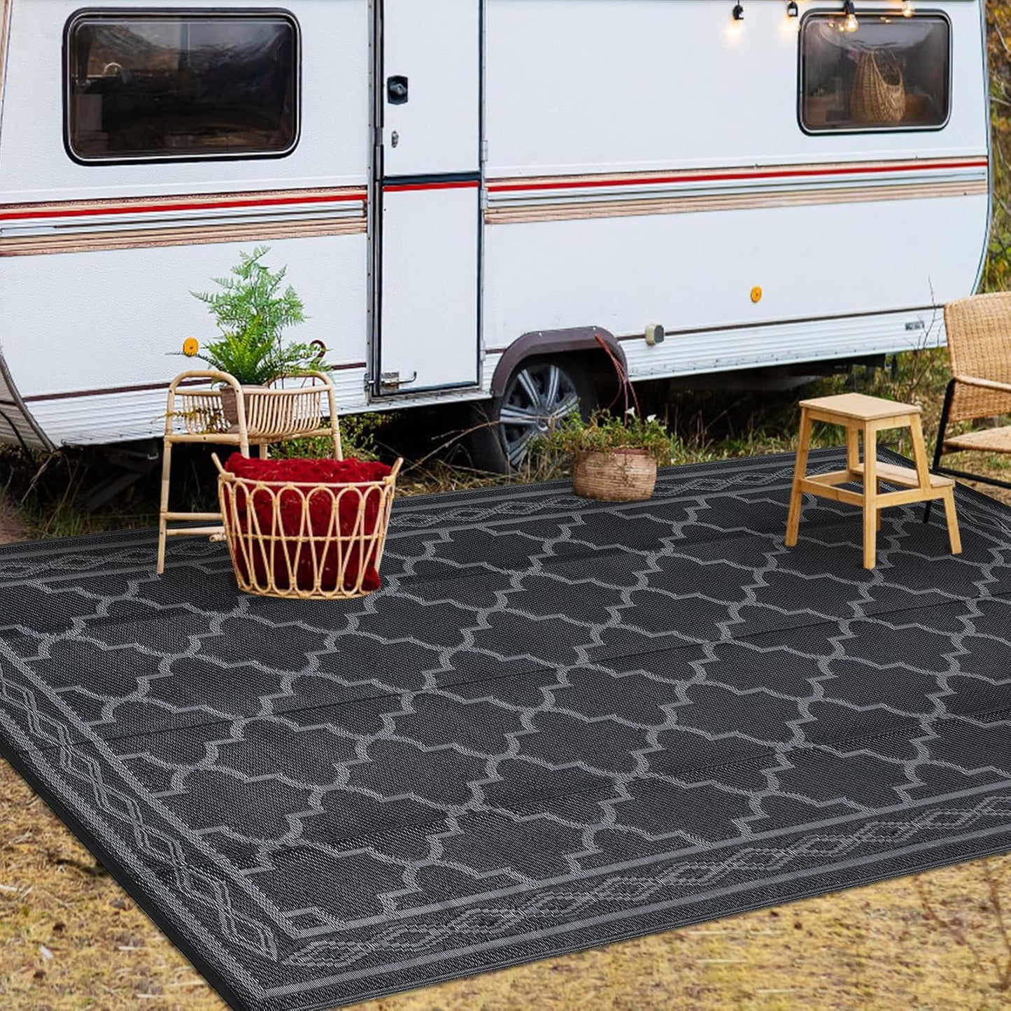 Garvee Outdoor Rug 10'x20' for Patios Clearance, Reversible Outdoor Plastic Straw Waterproof Camping Carpet, Large Area Rugs Patio Mats for Outside RV, Camper, Deck, Porch, Beach, Picnic (Black/Grey)