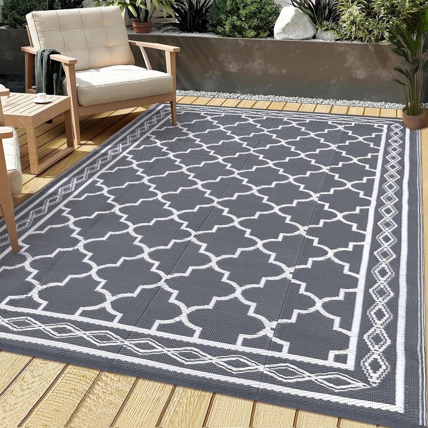 Garvee Outdoor Rug 10'x20' for Patios Clearance, Reversible Outdoor Plastic Straw Waterproof Camping Carpet, Large Area Rugs Patio Mats for Outside RV, Camper, Deck, Porch, Beach, Picnic (Black/Grey)