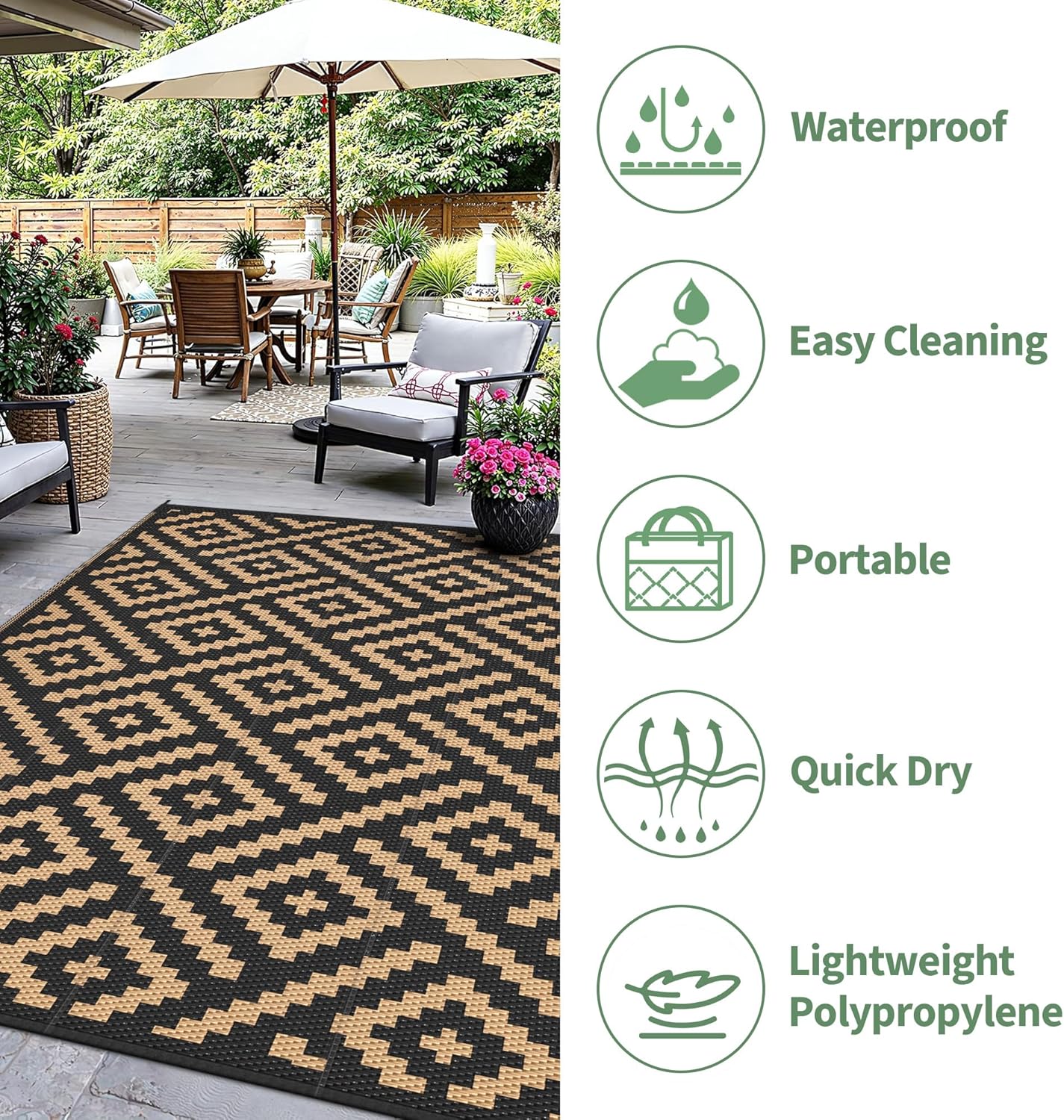 Outdoor Rug for Patio - Waterproof Plastic Straw Camping Rugs 10x14 ft, Reversible Outdoor Indoor RV Mat Carpet for Patio, Porch, Deck, Balcony, Picnic, Beach, Black Brown