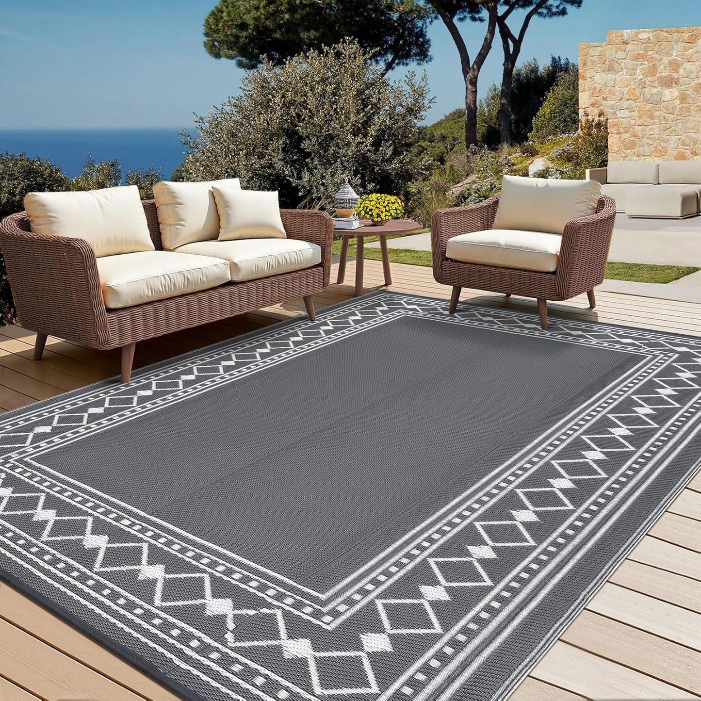 Garvee Outdoor Rug 10'x20' for Patios Clearance, Reversible Outdoor Plastic Straw Waterproof Camping Carpet, Large Area Rugs Patio Mats for Outside RV, Camper, Deck, Porch, Beach, Picnic (Black/Grey)