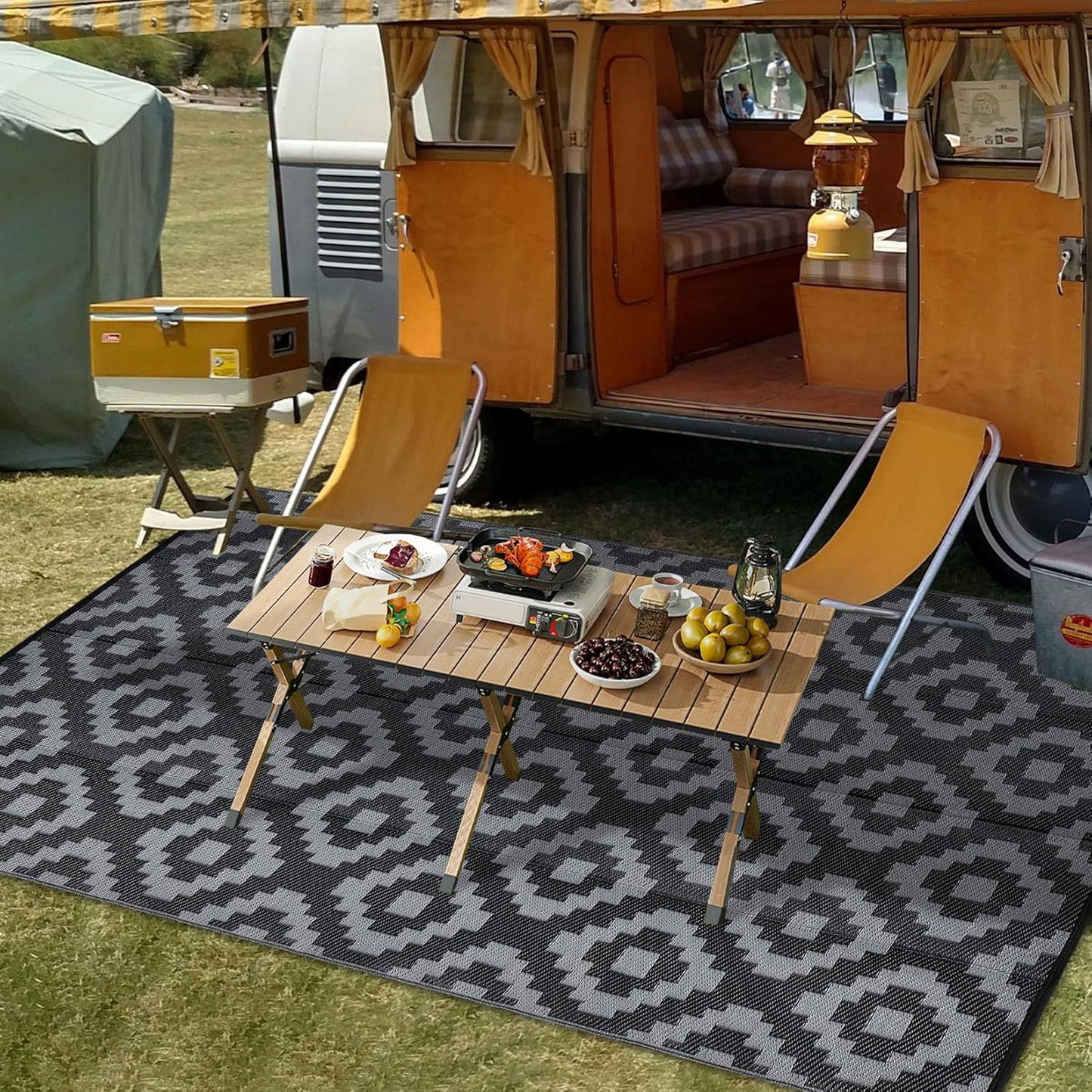 Garvee Outdoor Rug 10'x20' for Patios Clearance, Reversible Outdoor Plastic Straw Waterproof Camping Carpet, Large Area Rugs Patio Mats for Outside RV, Camper, Deck, Porch, Beach, Picnic (Black/Grey)