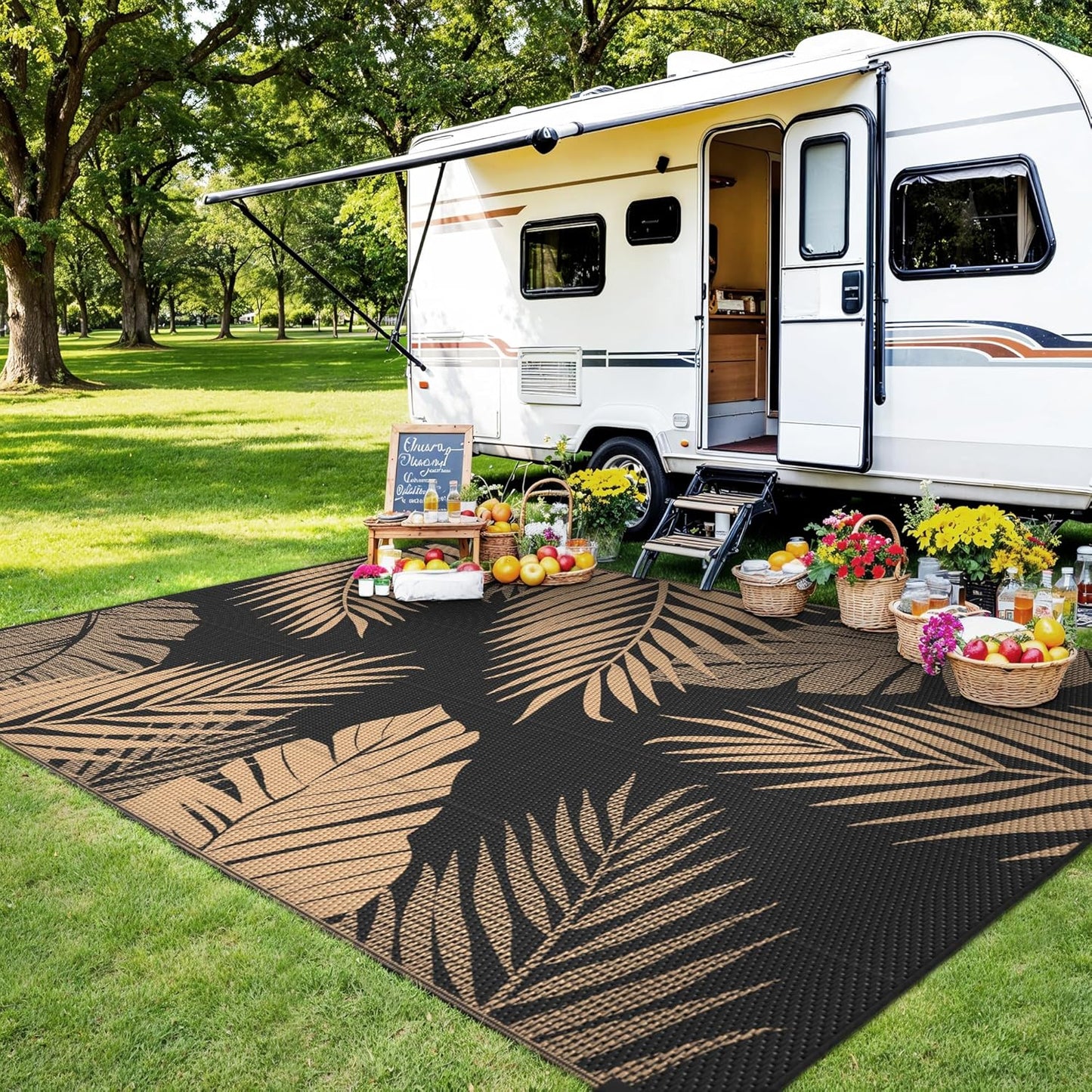 Outdoor Rug 10’x14’ Waterproof for Patio Clearance, Reversible Indoor Outdoor Plastic Straw Camping Rug Carpet, RV Mat, Large Area Rug for Deck, Backyard, Balcony, Porch, Beach, Black & Brown