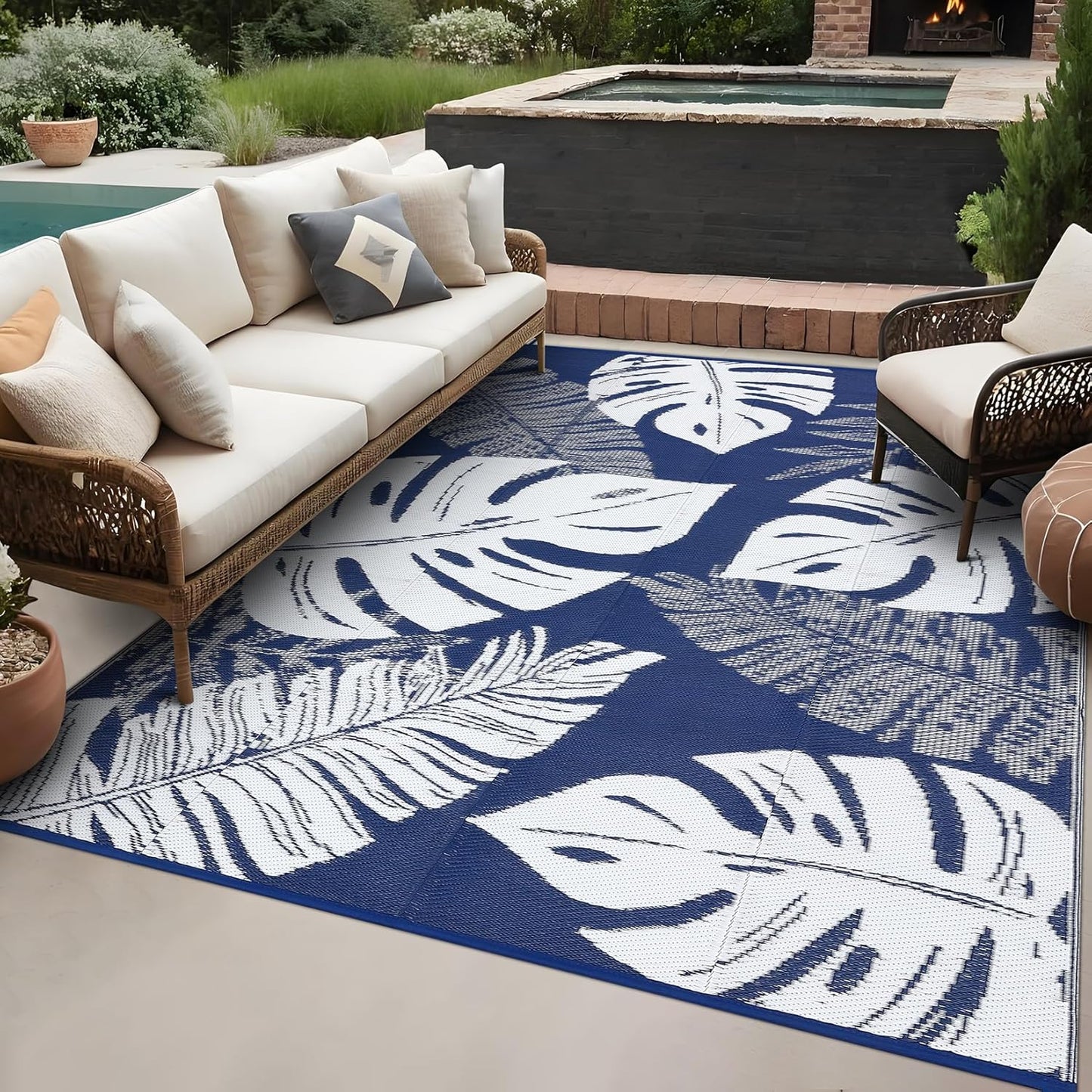 GAOMON Extra Large Outdoor Rug 10x20 Waterproof Plastic Straw Rug Reversible Leaves Patio Carpet, Foldable Portable Picnic Camping Mat with Bag & Stakes, Outside Carpet for Balcony Garden Yard, Blue