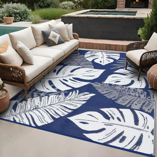 GAOMON Extra Large Outdoor Rug 10x20 Waterproof Plastic Straw Rug Reversible Leaves Patio Carpet, Foldable Portable Picnic Camping Mat with Bag & Stakes, Outside Carpet for Balcony Garden Yard, Blue