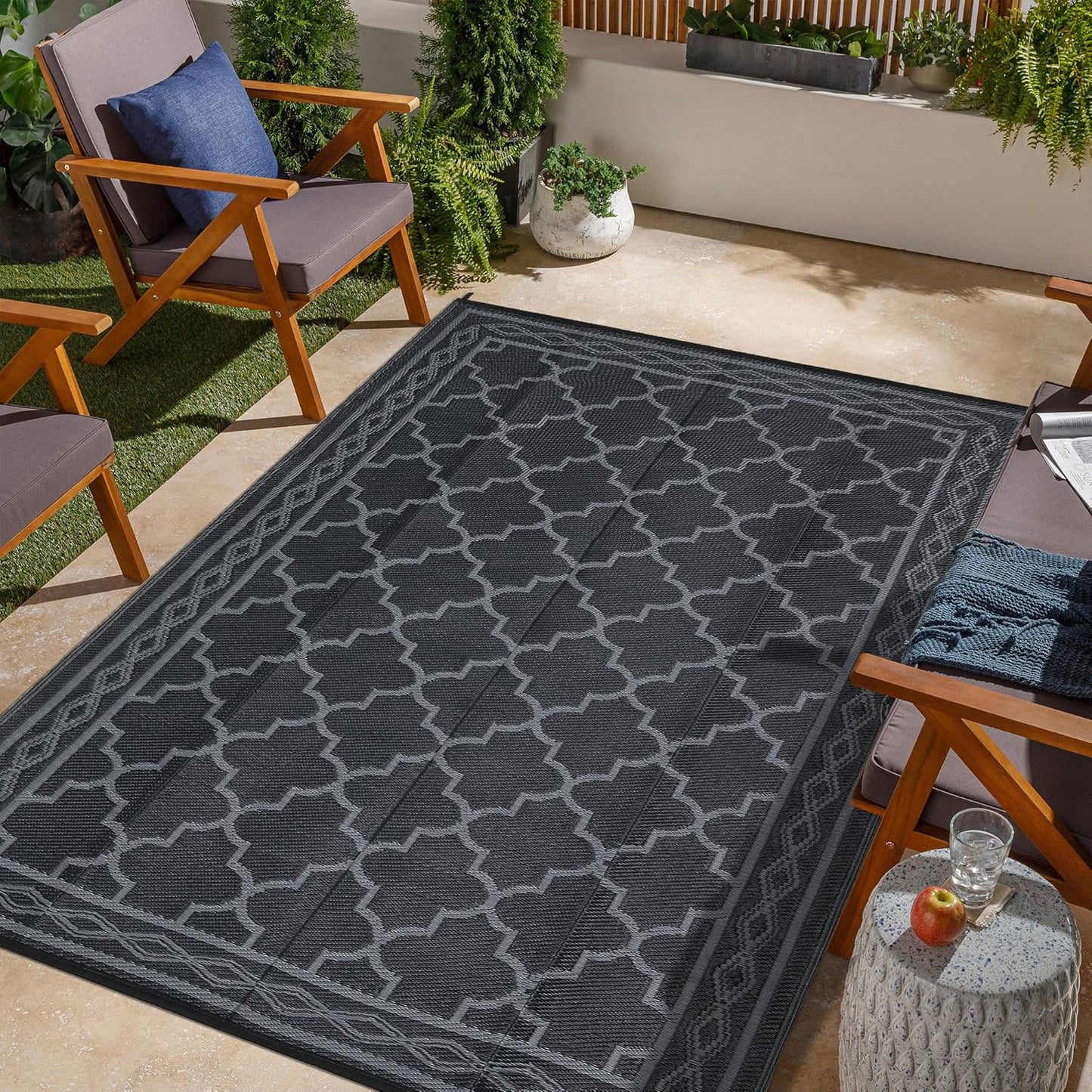 Garvee Outdoor Rug 10'x20' for Patios Clearance, Reversible Outdoor Plastic Straw Waterproof Camping Carpet, Large Area Rugs Patio Mats for Outside RV, Camper, Deck, Porch, Beach, Picnic (Black/Grey)