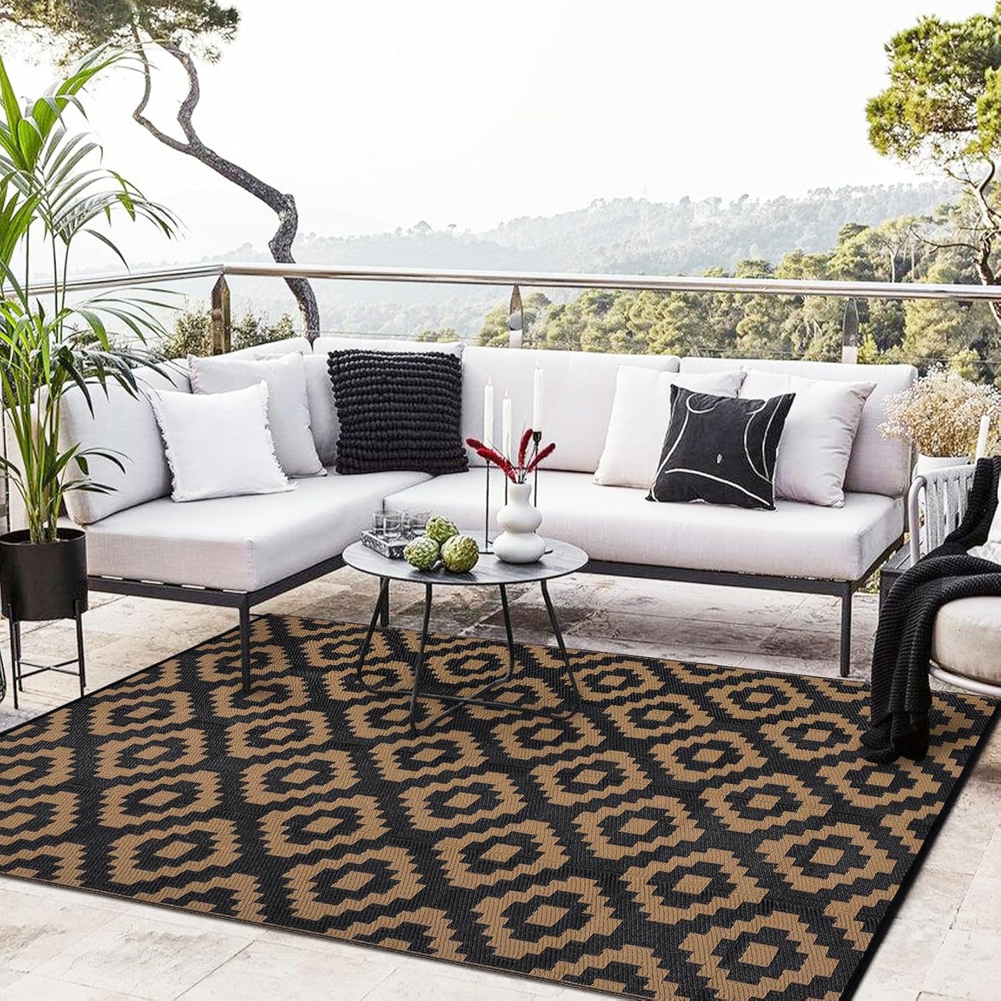 Garvee Outdoor Rug 10'x20' for Patios Clearance, Reversible Outdoor Plastic Straw Waterproof Camping Carpet, Large Area Rugs Patio Mats for Outside RV, Camper, Deck, Porch, Beach, Picnic (Black/Grey)