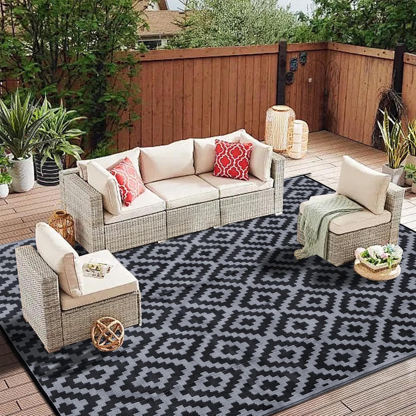 SAND MINE Waterproof Outdoor Rug 10x20 ft, Plastic Reversible Rug, Modern Area Rug, Large Floor Mat for Outdoors, RV, Patio, Backyard, Deck, Picnic, Beach, Camping, Black & Beige