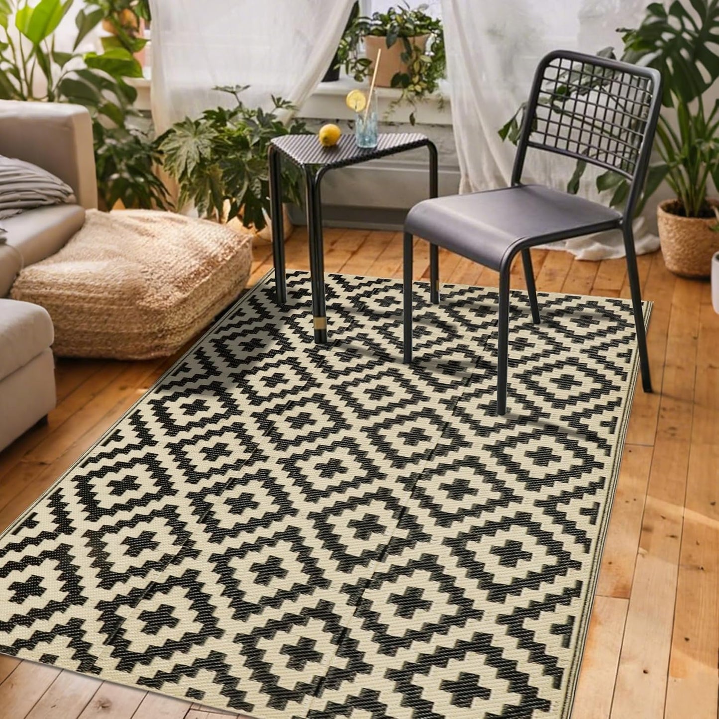 SAND MINE Waterproof Outdoor Rug 10x20 ft, Plastic Reversible Rug, Modern Area Rug, Large Floor Mat for Outdoors, RV, Patio, Backyard, Deck, Picnic, Beach, Camping, Black & Beige