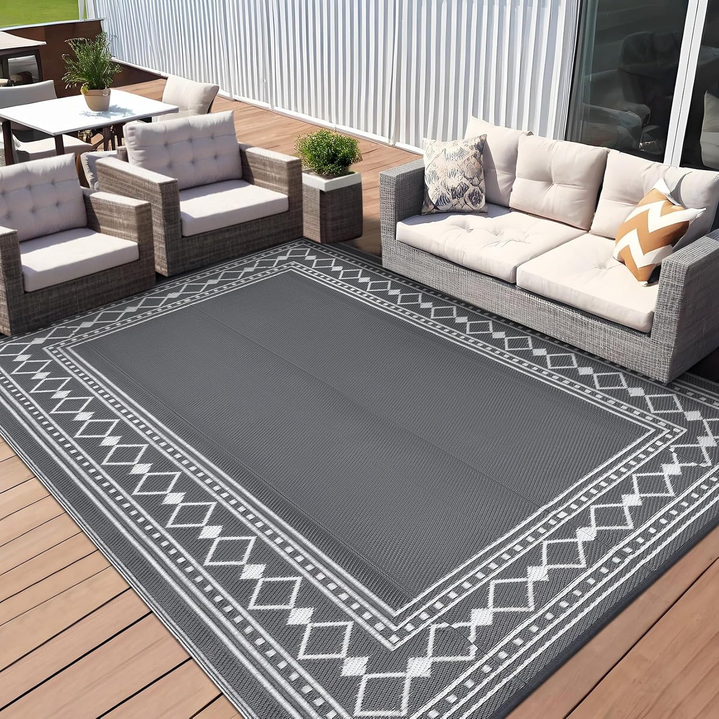 Garvee Outdoor Rug 10'x20' for Patios Clearance, Reversible Outdoor Plastic Straw Waterproof Camping Carpet, Large Area Rugs Patio Mats for Outside RV, Camper, Deck, Porch, Beach, Picnic (Black/Grey)