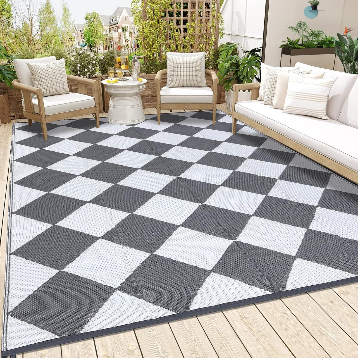 Garvee Outdoor Rug 10'x20' for Patios Clearance, Reversible Outdoor Plastic Straw Waterproof Camping Carpet, Large Area Rugs Patio Mats for Outside RV, Camper, Deck, Porch, Beach, Picnic (Black/Grey)