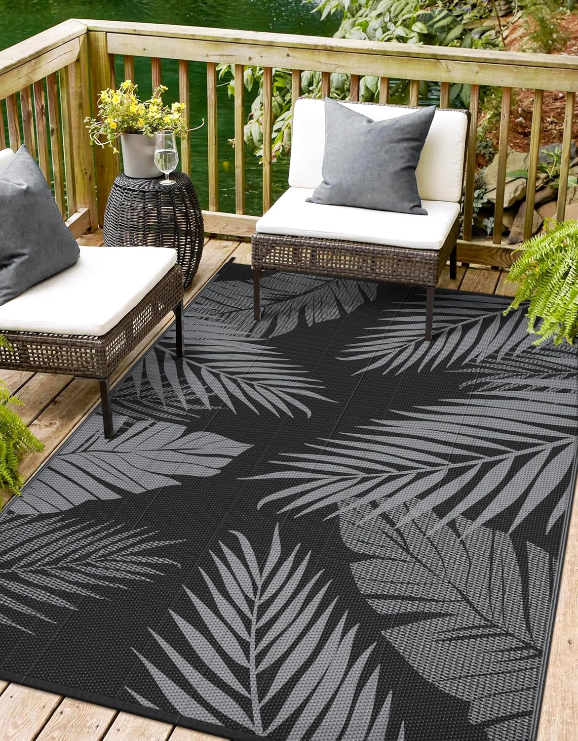 Outdoor Rug 10’x14’ Waterproof for Patio Clearance, Reversible Indoor Outdoor Plastic Straw Camping Rug Carpet, RV Mat, Large Area Rug for Deck, Backyard, Balcony, Porch, Beach, Black & Brown