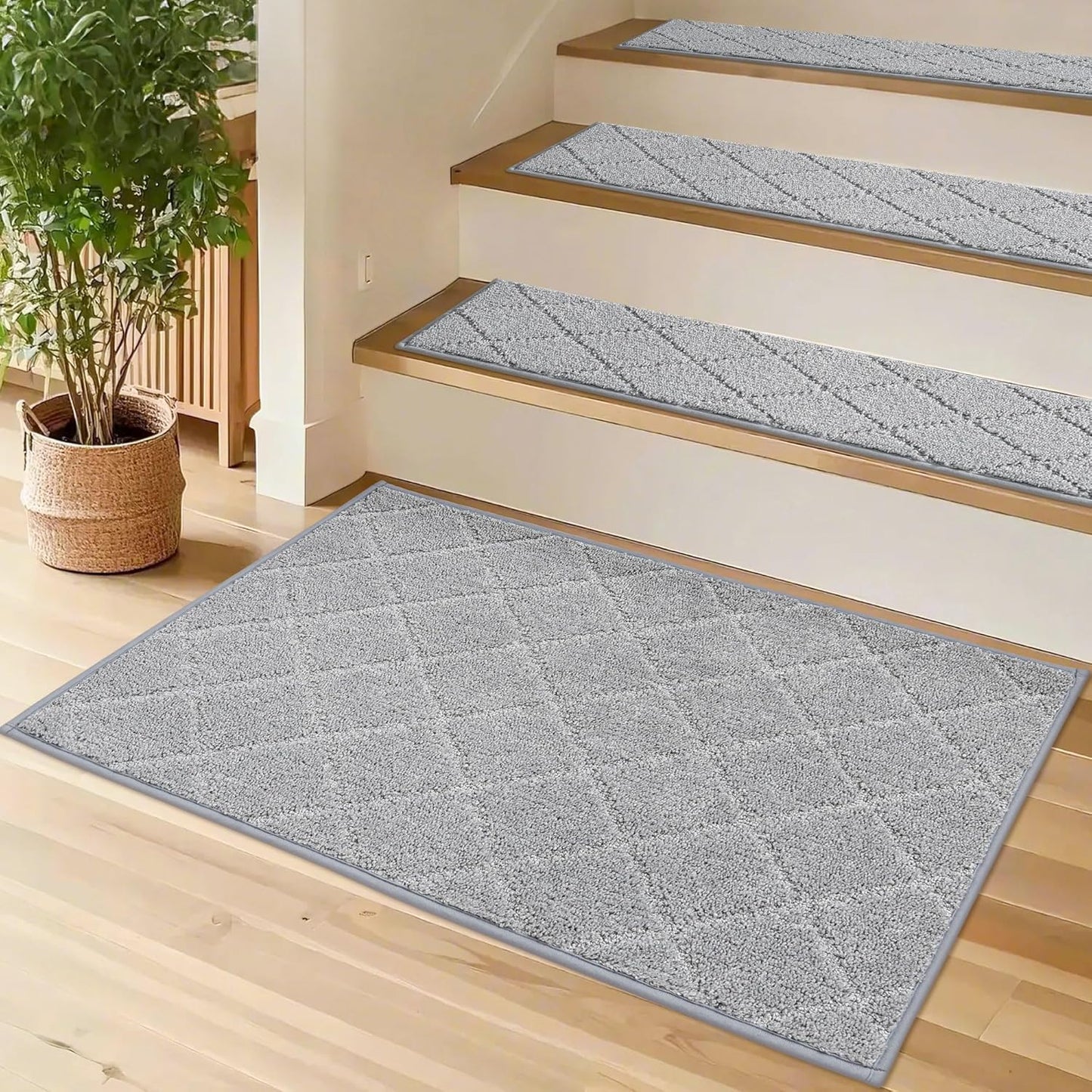 COSY HOMEER Edging Stair Treads Non-Slip Carpet Mat 28inX9in Indoor Stair Runners for Wooden Steps, Edging Stair Rugs for Kids and Dogs, 100% Polyester TPE Backing (15pc, Beige)