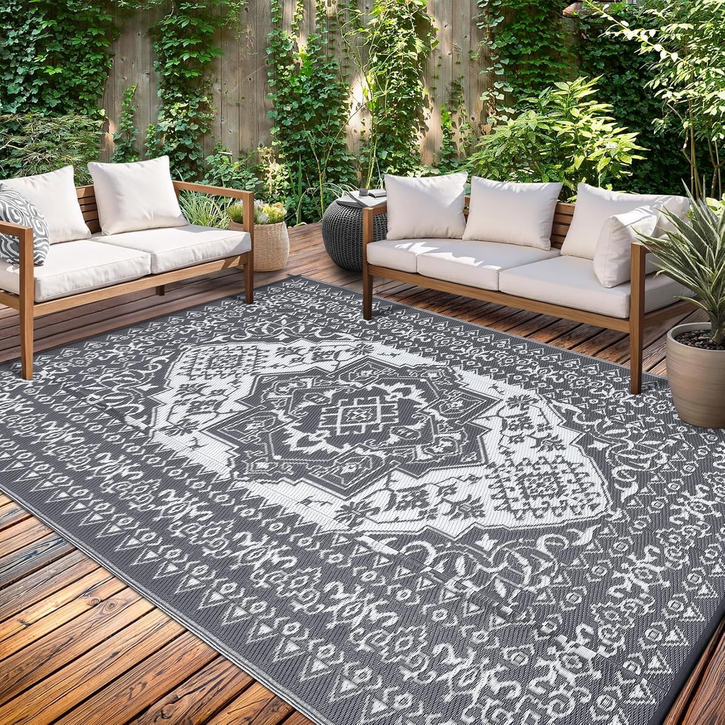 GAOMON Extra Large Outdoor Rug 10x20 Waterproof Plastic Straw Rug Reversible Leaves Patio Carpet, Foldable Portable Picnic Camping Mat with Bag & Stakes, Outside Carpet for Balcony Garden Yard, Blue
