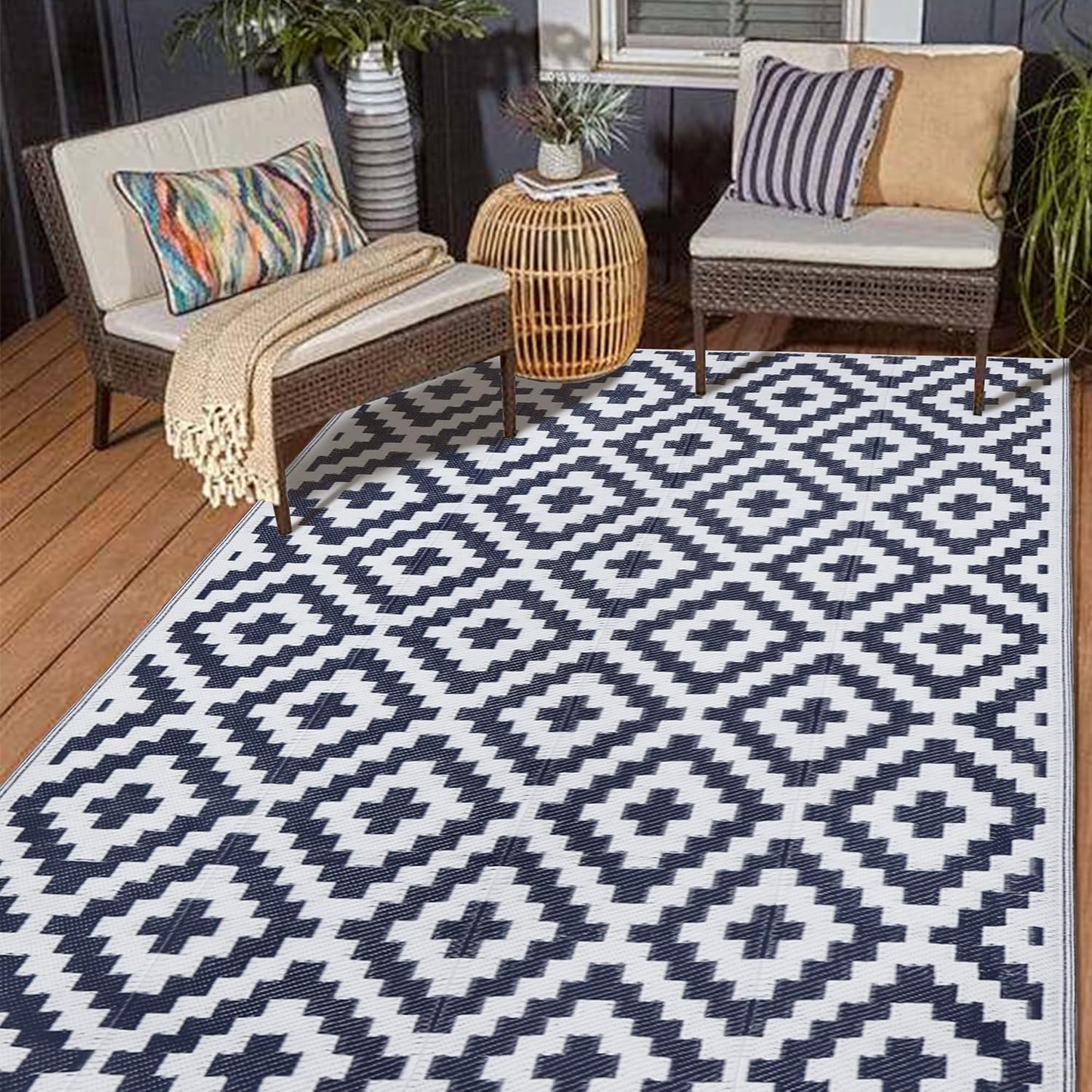 SAND MINE Waterproof Outdoor Rug 10x20 ft, Plastic Reversible Rug, Modern Area Rug, Large Floor Mat for Outdoors, RV, Patio, Backyard, Deck, Picnic, Beach, Camping, Black & Beige