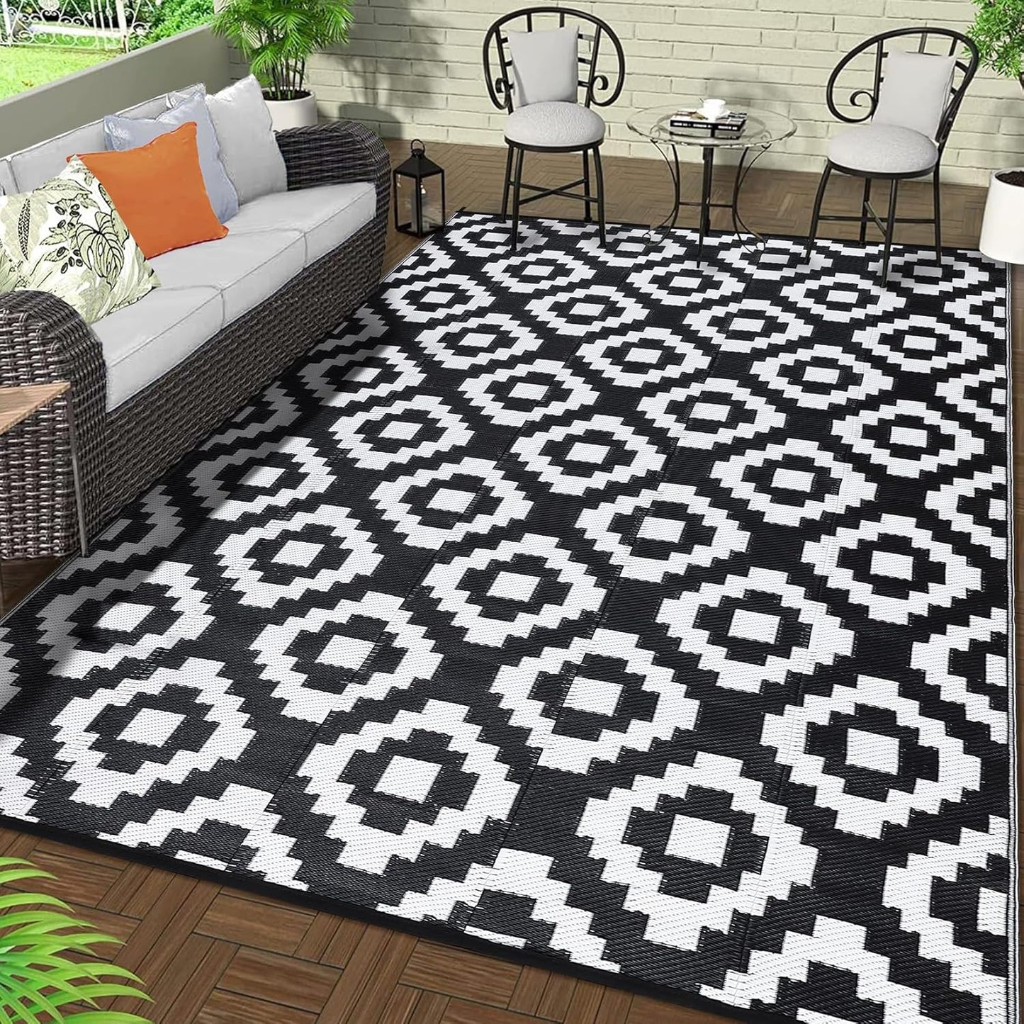 Garvee Outdoor Rug 10'x20' for Patios Clearance, Reversible Outdoor Plastic Straw Waterproof Camping Carpet, Large Area Rugs Patio Mats for Outside RV, Camper, Deck, Porch, Beach, Picnic (Black/Grey)
