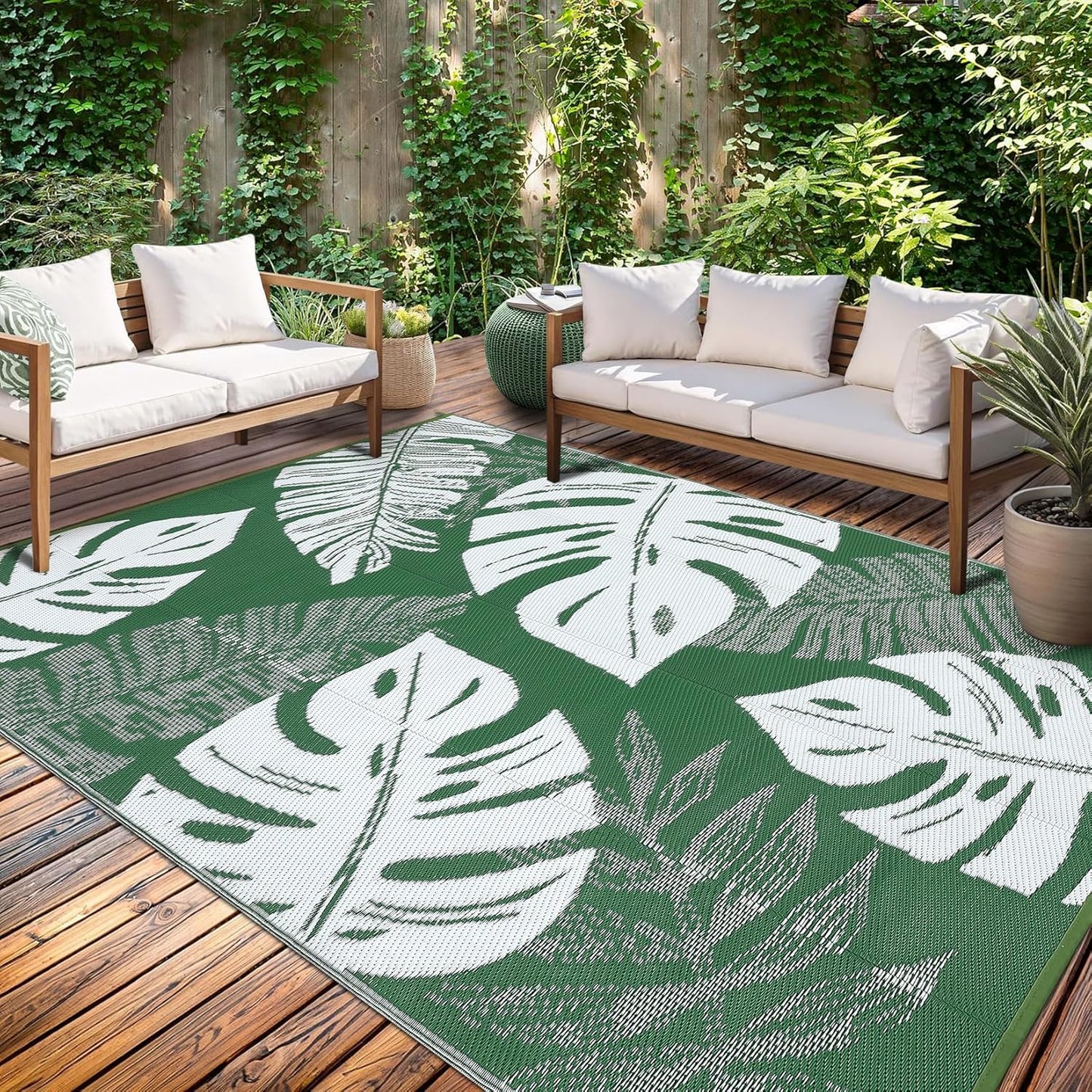 GAOMON Extra Large Outdoor Rug 10x20 Waterproof Plastic Straw Rug Reversible Leaves Patio Carpet, Foldable Portable Picnic Camping Mat with Bag & Stakes, Outside Carpet for Balcony Garden Yard, Blue