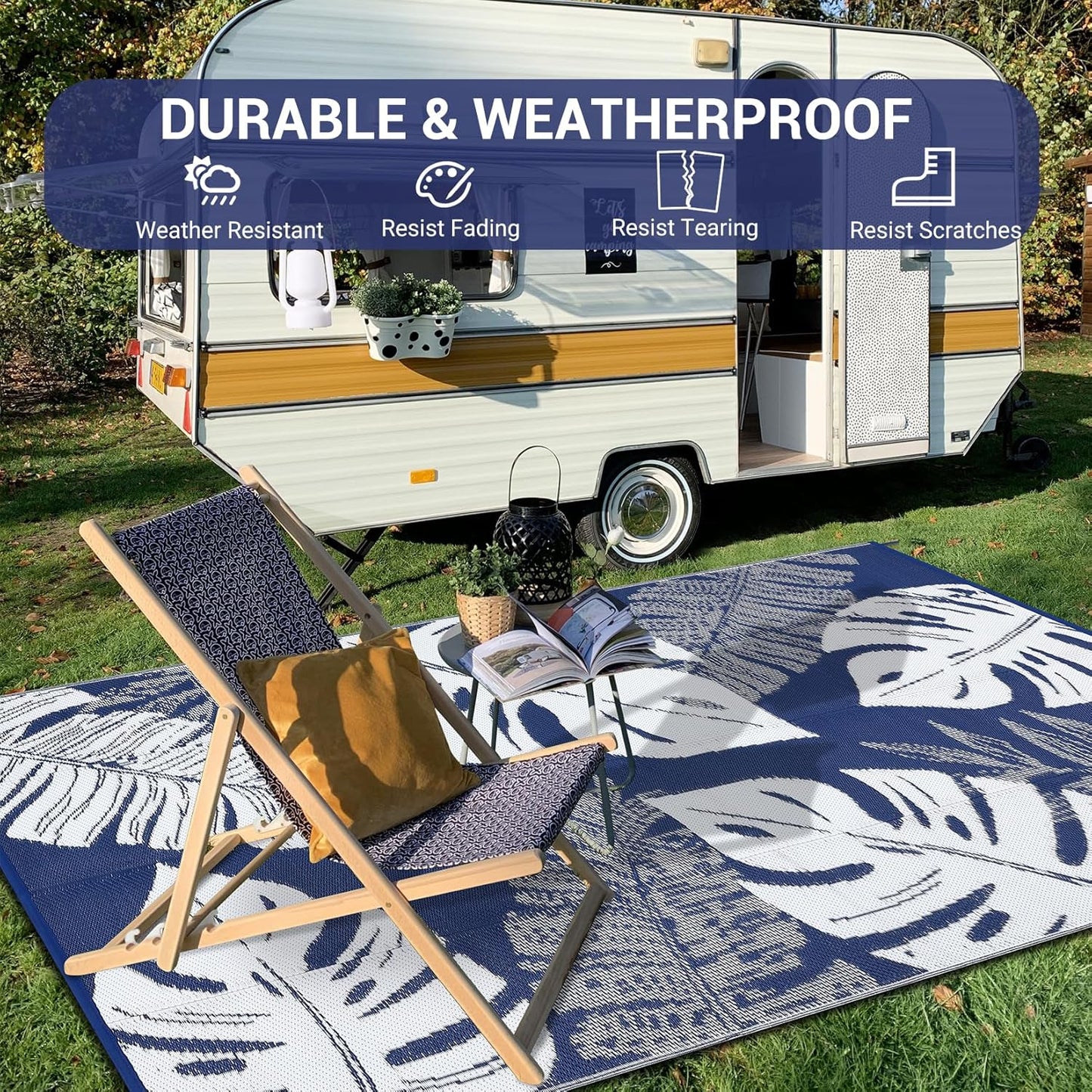 GAOMON Extra Large Outdoor Rug 10x20 Waterproof Plastic Straw Rug Reversible Leaves Patio Carpet, Foldable Portable Picnic Camping Mat with Bag & Stakes, Outside Carpet for Balcony Garden Yard, Blue