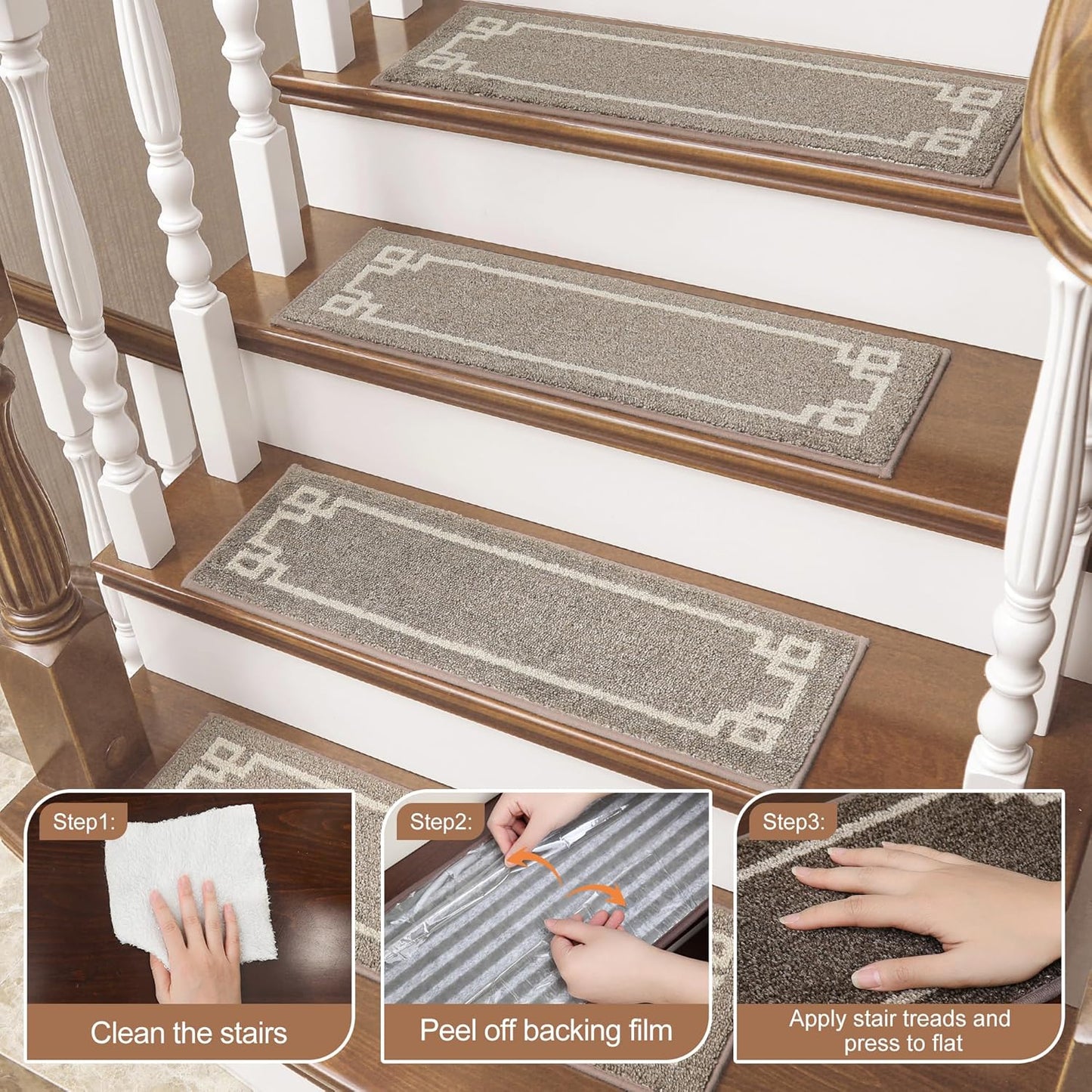 BEQHAUSE Stair Treads for Wooden Steps Non Slip Washable Carpet Stair Treads with Reusable Residue Free Backing Soft Polyester Stair Rugs Indoor for Kids Elders and Dogs, 15pcs,Taupe