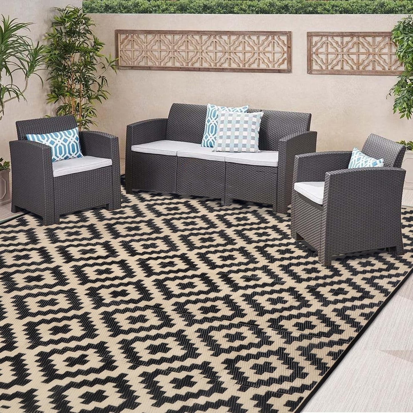 SAND MINE Waterproof Outdoor Rug 10x20 ft, Plastic Reversible Rug, Modern Area Rug, Large Floor Mat for Outdoors, RV, Patio, Backyard, Deck, Picnic, Beach, Camping, Black & Beige