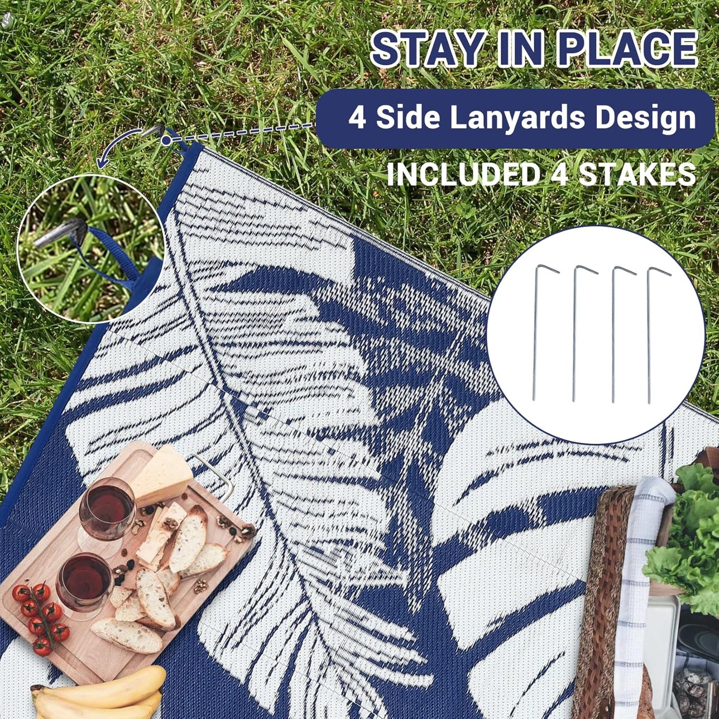 GAOMON Extra Large Outdoor Rug 10x20 Waterproof Plastic Straw Rug Reversible Leaves Patio Carpet, Foldable Portable Picnic Camping Mat with Bag & Stakes, Outside Carpet for Balcony Garden Yard, Blue