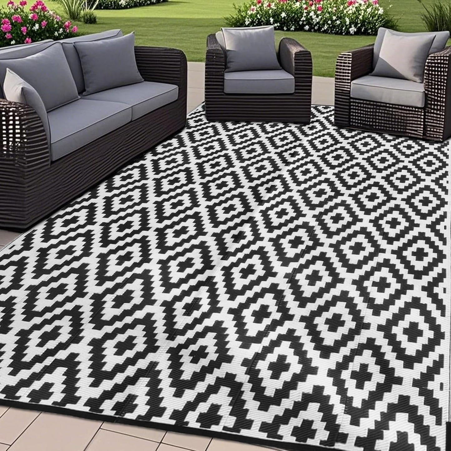 SAND MINE Waterproof Outdoor Rug 10x20 ft, Plastic Reversible Rug, Modern Area Rug, Large Floor Mat for Outdoors, RV, Patio, Backyard, Deck, Picnic, Beach, Camping, Black & Beige