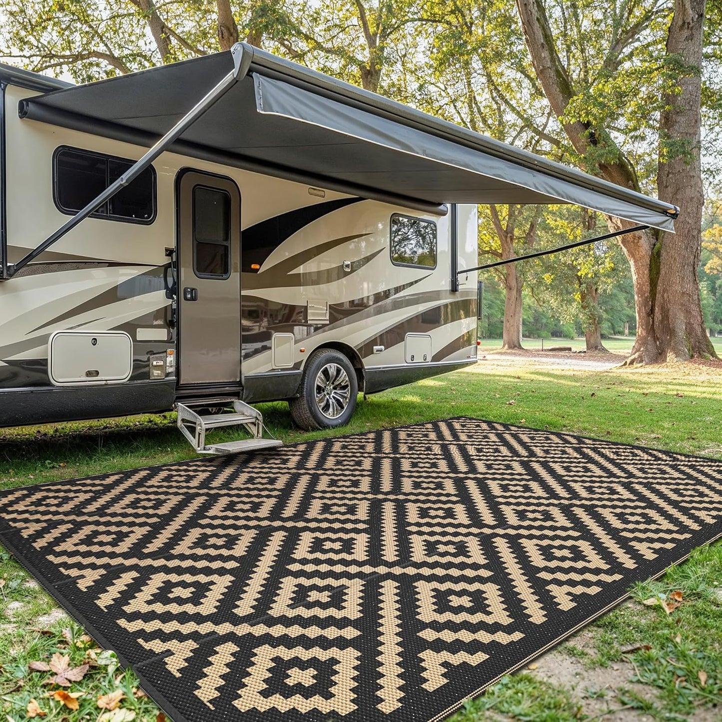 Outdoor Rug for Patio - Waterproof Plastic Straw Camping Rugs 10x14 ft, Reversible Outdoor Indoor RV Mat Carpet for Patio, Porch, Deck, Balcony, Picnic, Beach, Black Brown