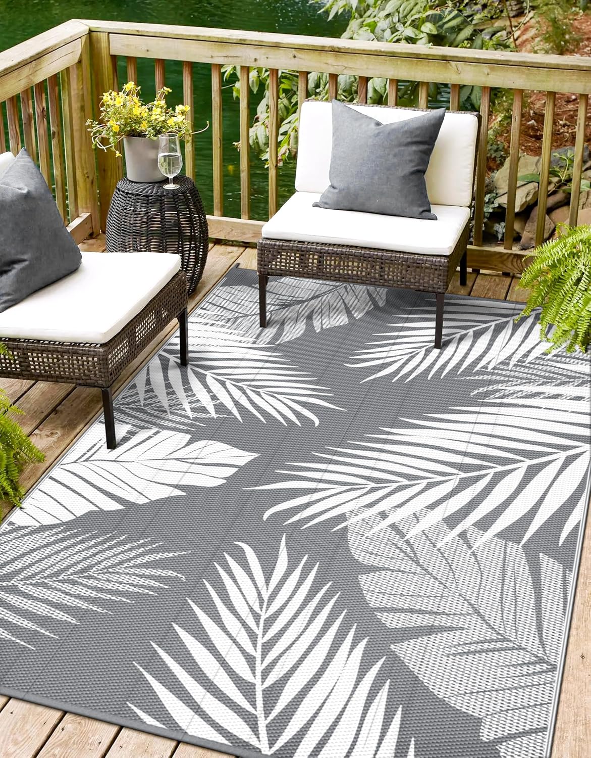 Outdoor Rug 10’x14’ Waterproof for Patio Clearance, Reversible Indoor Outdoor Plastic Straw Camping Rug Carpet, RV Mat, Large Area Rug for Deck, Backyard, Balcony, Porch, Beach, Black & Brown