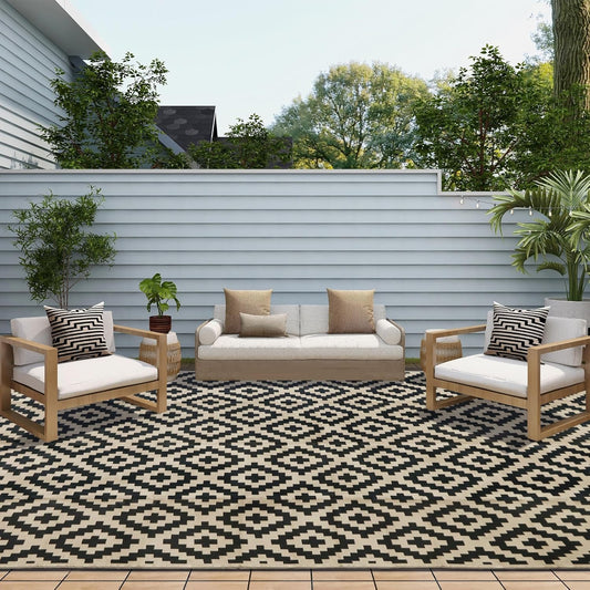 SAND MINE Waterproof Outdoor Rug 10x20 ft, Plastic Reversible Rug, Modern Area Rug, Large Floor Mat for Outdoors, RV, Patio, Backyard, Deck, Picnic, Beach, Camping, Black & Beige