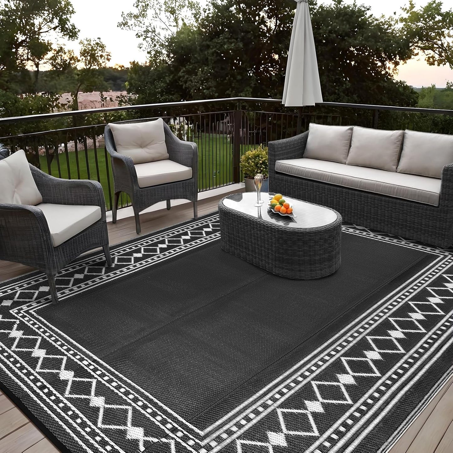 Garvee Outdoor Rug 10'x20' for Patios Clearance, Reversible Outdoor Plastic Straw Waterproof Camping Carpet, Large Area Rugs Patio Mats for Outside RV, Camper, Deck, Porch, Beach, Picnic (Black/Grey)