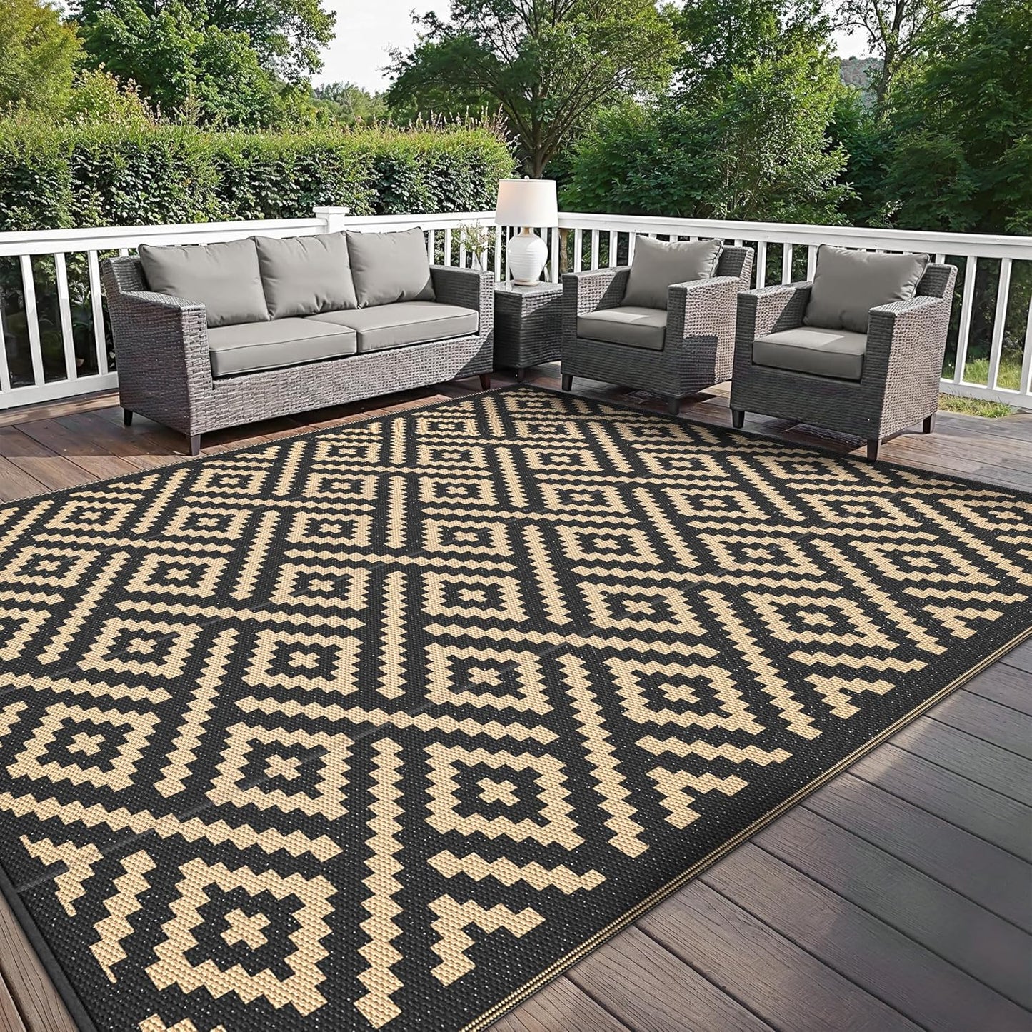 Outdoor Rug for Patio - Waterproof Plastic Straw Camping Rugs 10x14 ft, Reversible Outdoor Indoor RV Mat Carpet for Patio, Porch, Deck, Balcony, Picnic, Beach, Black Brown